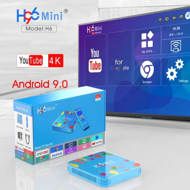 1Set 4GB 32/128GB H96 Mini for Android 9.0 Smart TV Box H6 Quad Core 6K Wifi Multi-Language HD Player Set Top Box