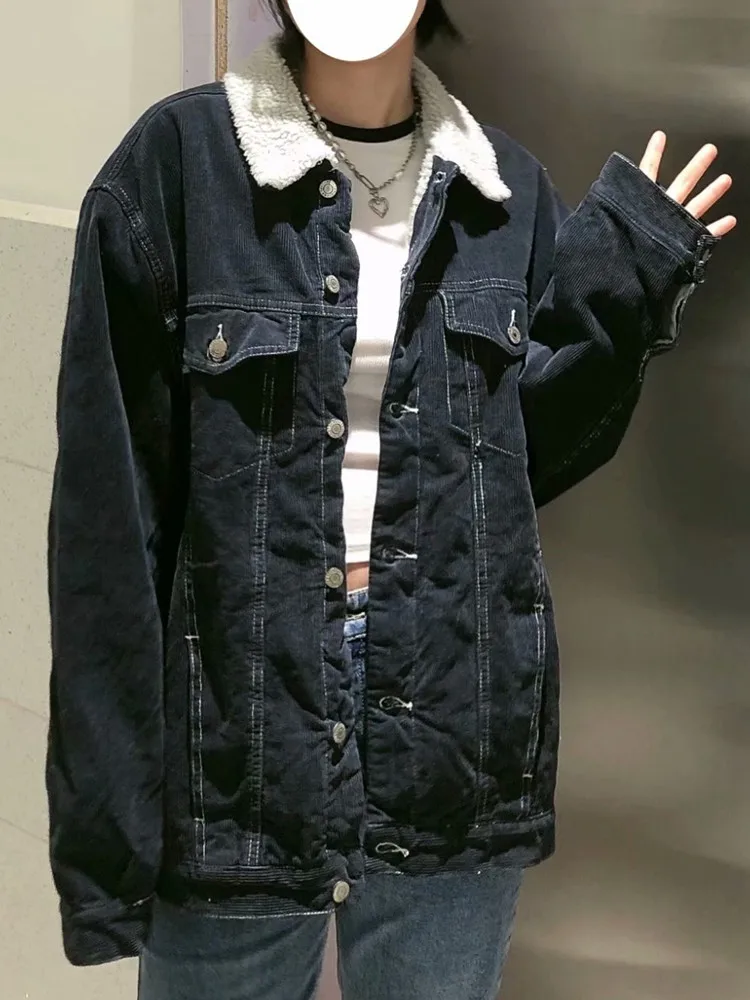 

UNUTH Women Thick Vintage Coat Turn-down Collar Warm Pockets Button 2022 Fashion Ladies Casual Jacket Lamb Wool Female Outwear