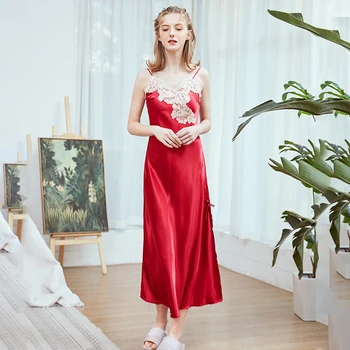 

Women Summer Nightgown Long Dress Silk Satin Lace Sleepwear Nightdress Sling V-neck Homewear Nightie