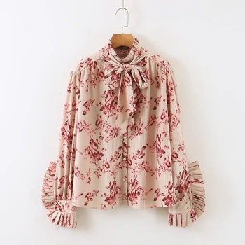 

Fashion Loose Floral Chiffon Blouse Women Ruffles Lace Up Bow Plus Size Printed Design Bottoming Shirt Ladies Tops XB255