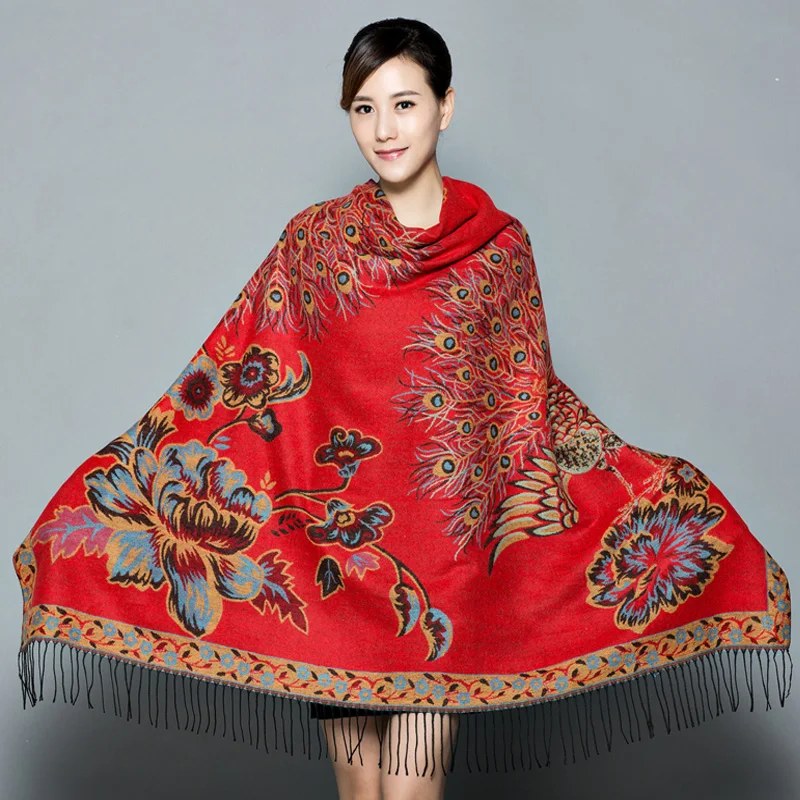 

Double Sides Winter New Women's Pashmina Cashmere Shawl Large Squar Peacock Scarf Oversize Soft Wrap Thick Blanket Poncho