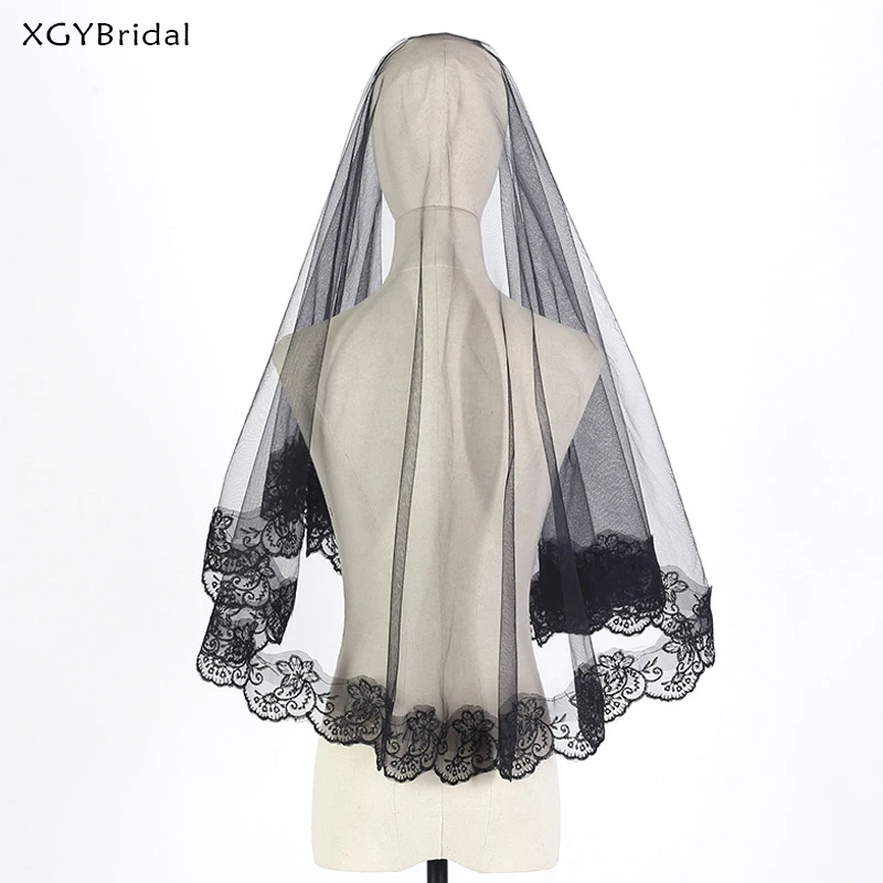 Short Black Wedding Veils Lace Edge Bridal Veil 1 Meter One Layer Appliqued For Halloween Party Veils Wedding Accessories