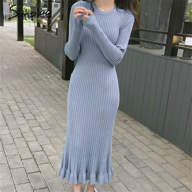 Simplee Сексуальное Женское бодикондское платье, эластичное платье-свитер с круглым вырезом и рюшами, Повседневное платье-футляр, Женская сплошная шикарная Осенняя трикотажная Макси-платье