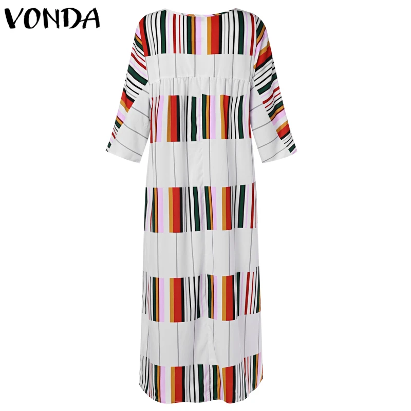 VONDA, женское длинное платье макси, весна-осень, винтажное, повседневное, свободное, богемное, с принтом, из кусков, Пляжное, с карманами, Vestidos размера плюс