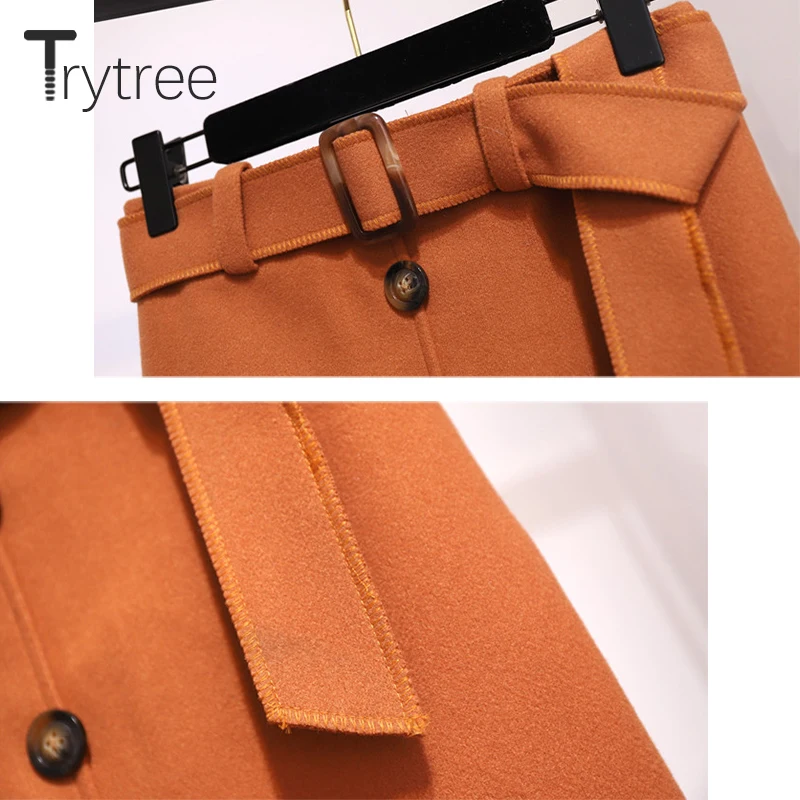 Trytree, осенне-зимний комплект из двух предметов, Повседневная водолазка, вязаный Однотонный свитер, топ+ юбка, пояс, пуговица, Модный комплект из 2 предметов
