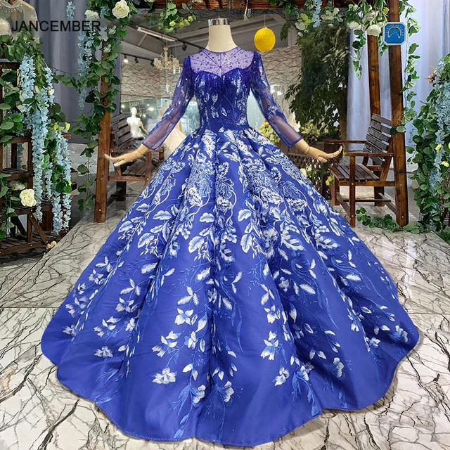 HTL196 blue muslim prom dresses floor length o-neck long tulle sleeves swollen pleat evening dresses free shipping 2020 newest 1