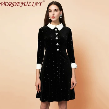 

VERDEJULIAY Office Lady A-Line Dresses Elegant Turn-Down Collar Luxury Diamonds Button High Quality Velvet Bling Dots Midi Dress