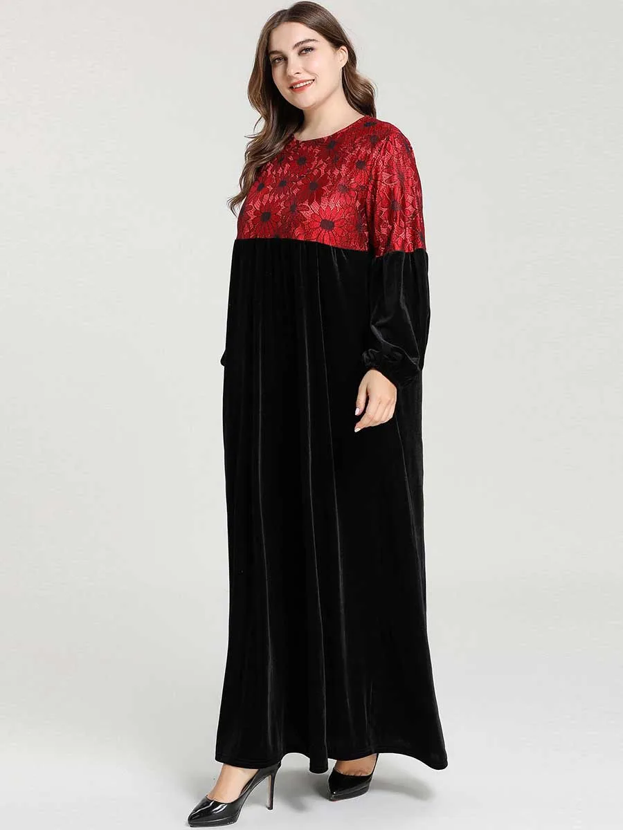 Элегантное цветочное жаккардовое платье с заплатками размера плюс, мусульманское платье с длинным рукавом-фонариком и высокой талией, плиссированное свободное Макси-Платье, Vestidos M-4XL
