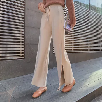 

Knitted Wide Leg Pants Women Thick Warm Drawsrting Autumn Winter Trousers Elastic High Waist Casual Female Split Up Loose Pant
