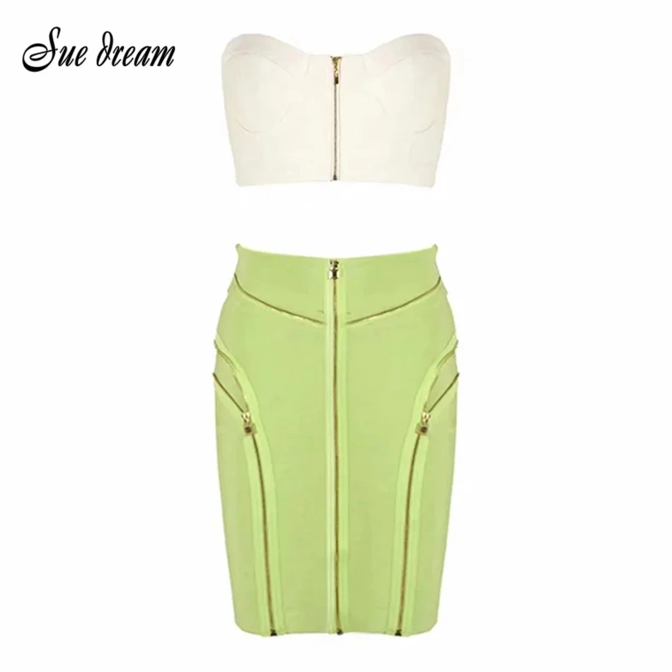 

2020 Spring New Women'S Bandage Two-Piece Suit Sexy Strapless Sleeveless Zipper Top & Mini Skirt Celebrity Party Set Vestidos