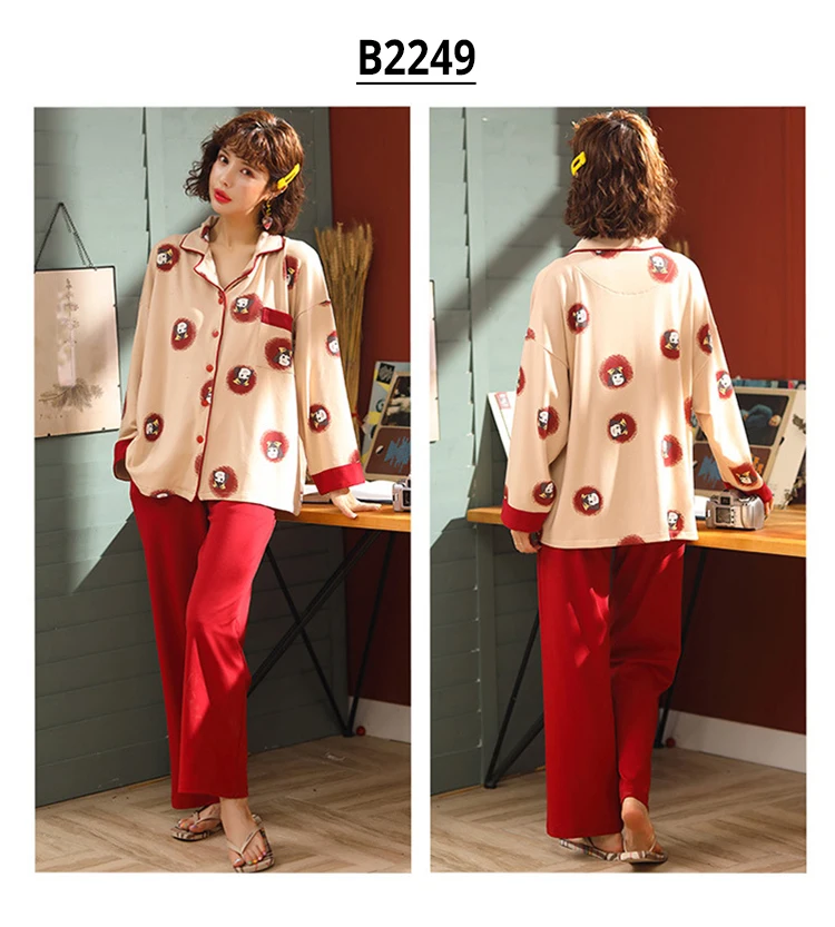 Пижама женская домашняя одежда пижамные комплекты Свободный Повседневный хлопковый домашний костюм кардиган с лацканами с длинными брюками одежда для сна
