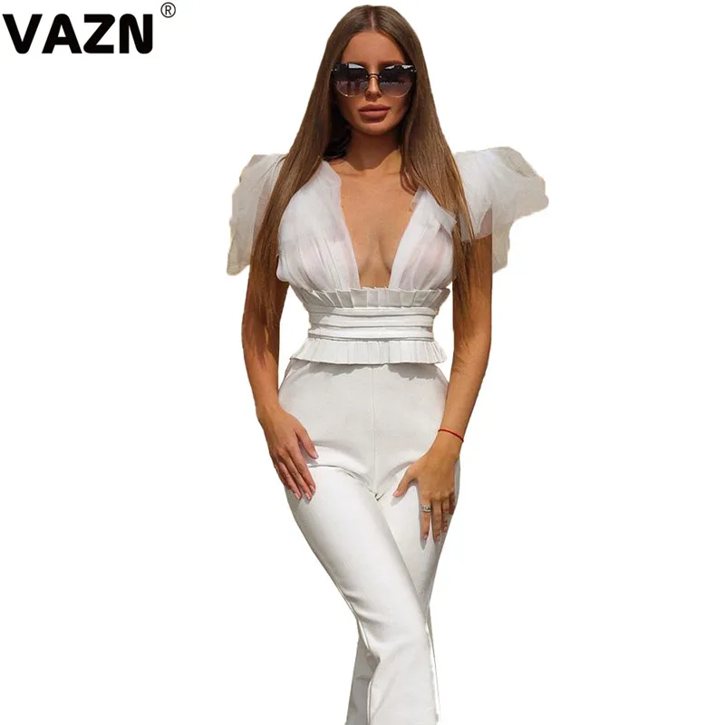 VAZN ZSC0231, хит, открытые,, одноцветные, повседневные, женские комбинезоны, сексуальный, v-образный вырез, кружева, рукав, длинные штаны, топ, слоеный, Облегающий комбинезон