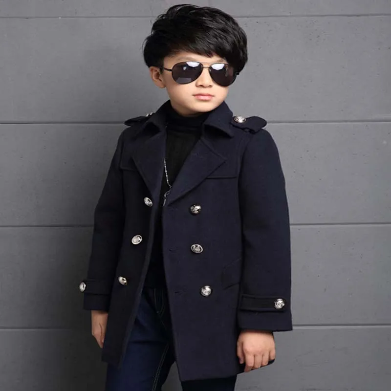 Kid Boys Woollen Cloth Coat Children's Double Breasted Thick Coat Winter Windbreaker Children's Fashion Warm Clothes 5-16 Years - Цвет: Blue