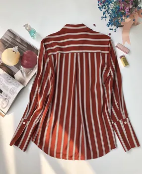 

Women Red Striped Silk Boulse Long-Sleeved Office Lady Shirt New