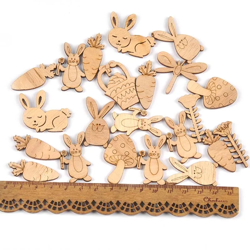 20-40mm 25Pcs Easter Eggs/Bunny Natural Wood Pieces DIY Scrapbooking Crafts Supplies Handmade Wooden Ornaments Home Decor M2732