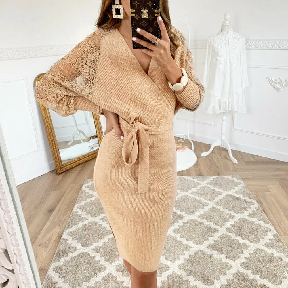 

2019 Brand New Women Bodycon V Neck Knit Tie Front Long Sleeve Binding Dress Ladies Slim Party Evening Pencil Dresses Vestidos