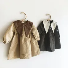 Детские платья для девочек 1, 2, 3, 4, 5, 6 лет, модное Повседневное платье с длинными рукавами и лацканами в Корейском стиле для младенцев Одежда для малышей, платье