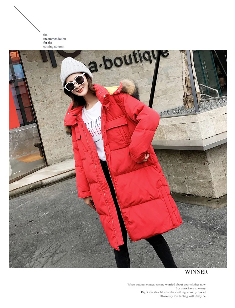 Южная Корея Dongdaemun INS пуховик новые продукты средней длины большой меховой воротник с капюшоном свободного кроя мягкий женский пальто большого размера