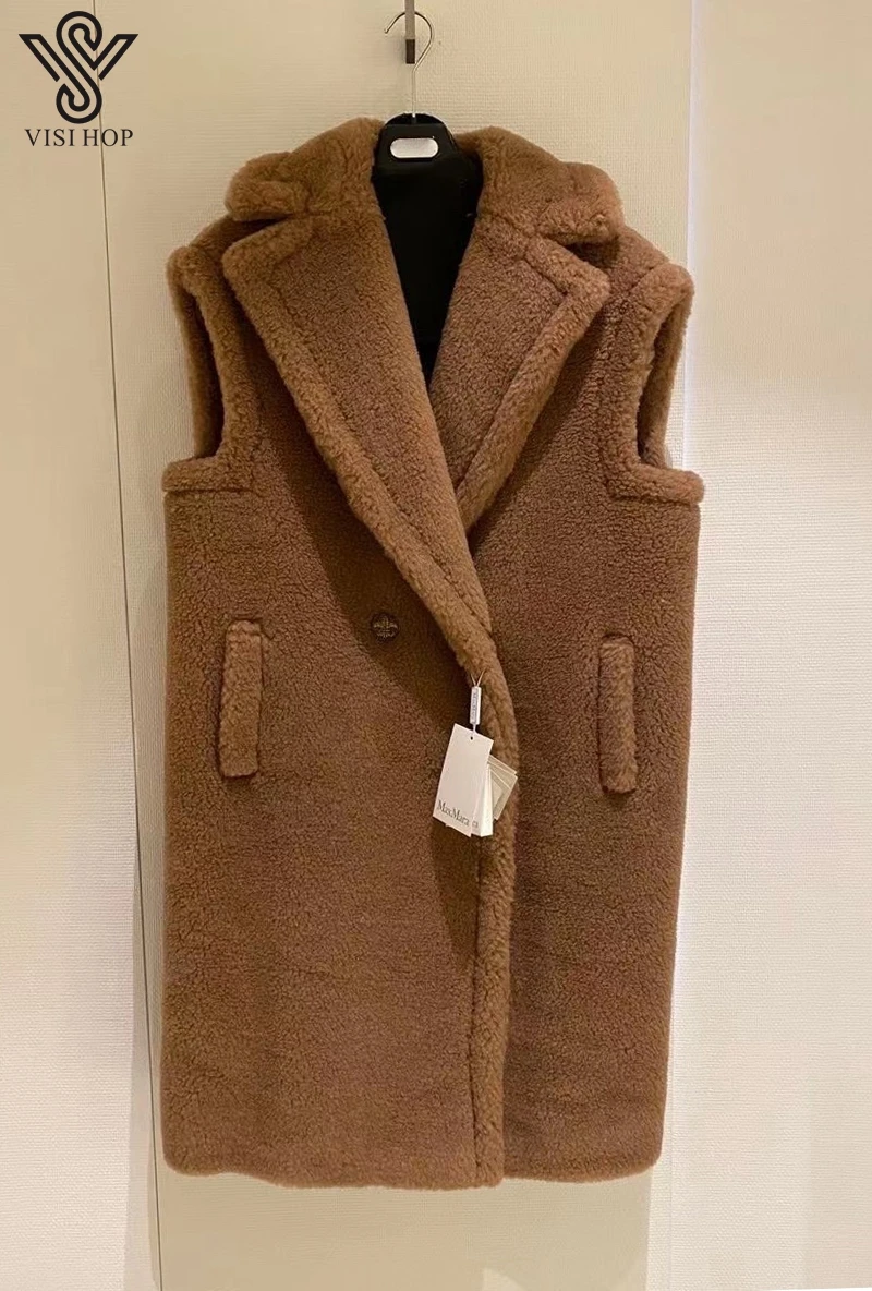 long puffer coat VISI HOP VS5503 Max Teddy Bear brand wool vest women 2021 new real fur waistcoat thicken alpaca sleeveless winter long vest down coats & jackets