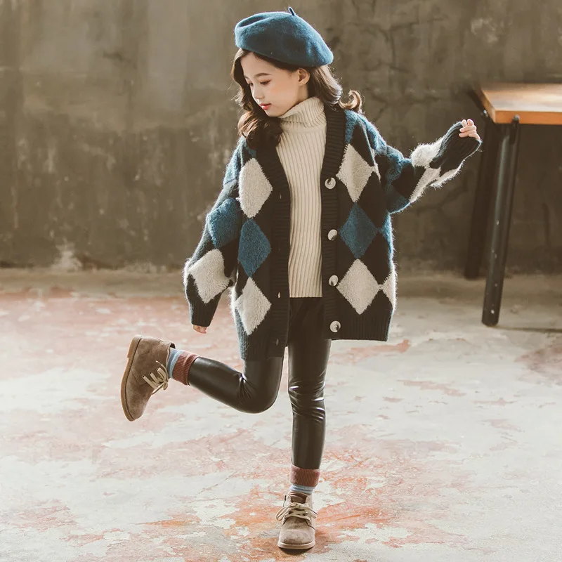 الخريف الشتاء المراهقين الأطفال الفتيات البلوزات منقوشة سترة مشغولة من الصوف الاطفال سترة أوروبية أمريكية 5 6 7 8 9 10 11 12