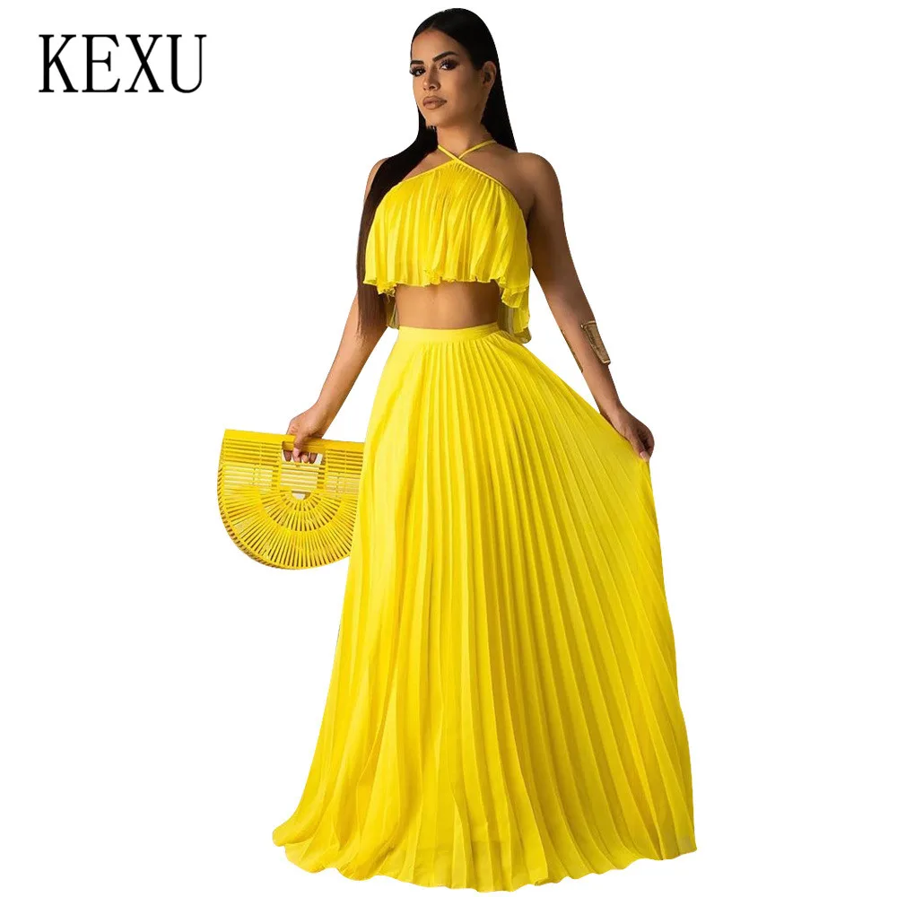 

KEXU Fashion Pleated High Temperature Shaping Two-layer Fabric Mainstream 2 Pieces Sets Yellow Sexy Off Shoulder Maxi Dress