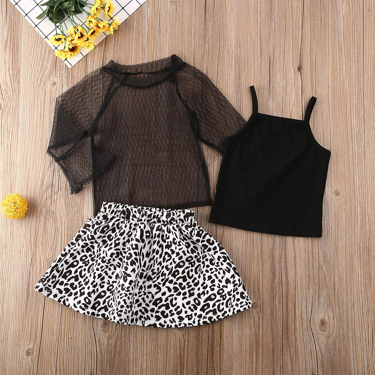 Комплект из 3 предметов; сетчатая рубашка с длинными рукавами для маленьких девочек; комплект из топа и леопардовой юбки; Одежда для девочек; От 1 до 5 лет