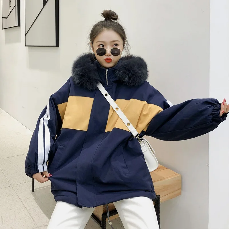 

Photo Shoot CHIC Simple-Style Blue And Yellow Contrast Color Loose-Fit BF Stand Collar Hooded Large Fur Collar Drawstring Waist