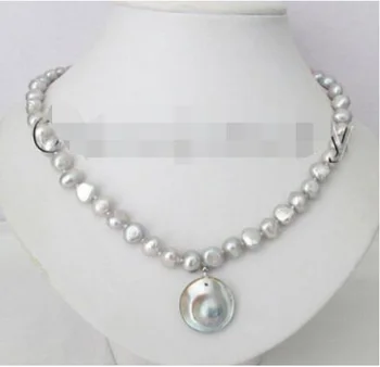 

P8101 -17" 8-9mm gray baroque freshwater pearl necklace + 22mm gray Mabe pendant