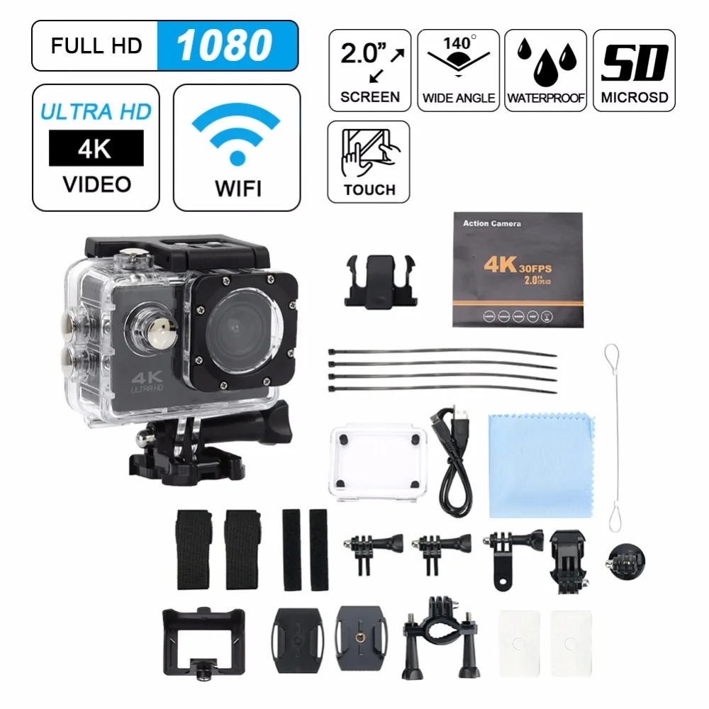 4K HD 16MP 30FPS 140 градусов Широкий формат Wi-Fi Спортивная Экшн-камера Камера 2 дюймов Экран возможностью погружения на глубину до 30 м Водонепроницаемый Спорт на открытом воздухе Камера