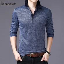 Новинка, модная брендовая одежда, рубашки поло для мужчин, сплошной цвет, длинный рукав, приталенная, стоячий воротник, рубашка, повседневная мужская одежда