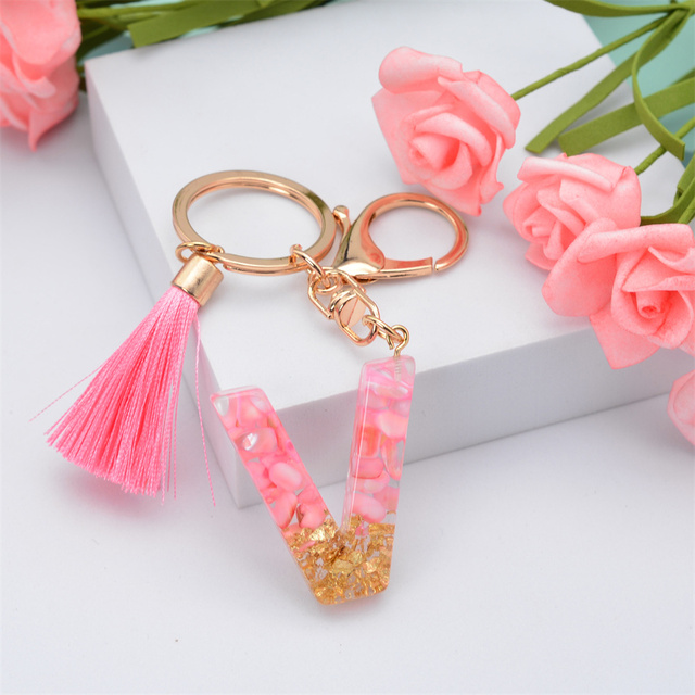 Creative Letter Alphabet Crystal Arylic Liquid Keychain Women Key Chains Ring Car Bag Tassels Pendent Charm Gift Accessory