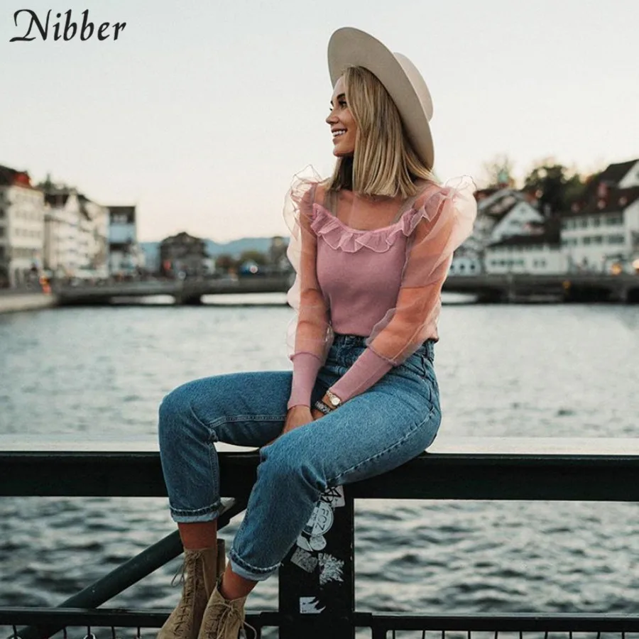 NIBBEBR осенние модные тонкие мягкие розовые сетчатые футболки женские с пышными рукавами элегантные офисные женские топы клубный высокого качества вечерние футболки