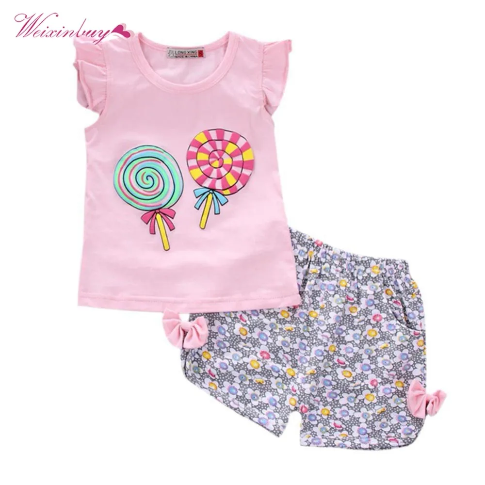 WEIXINBUY Baby Girls Clothes Set Summer 2Pcs Children Toddler Outfits Lolly T-shirt Tops+Children Floral Print Shorts Pants Girl | Детская