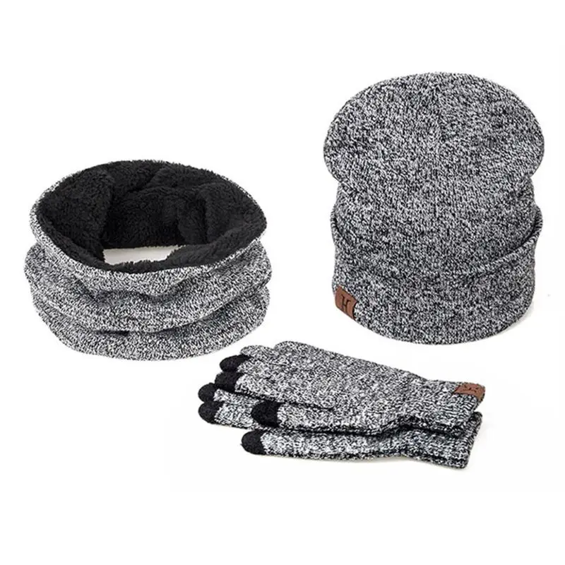 Зимняя шапка бини для женщин и мужчин, шарф бесконечности, перчатки с сенсорным экраном, набор из 3 предметов, вязаный комплект, утепленная плюшевая подкладка, теплые зимние лыжные перчатки