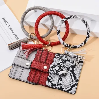 

Fashion Multiful Tassel Keychain PU Leather Card Bag O Key Chain Circle Leopard Flower Wallet Wristlet Keyring For Women Girls