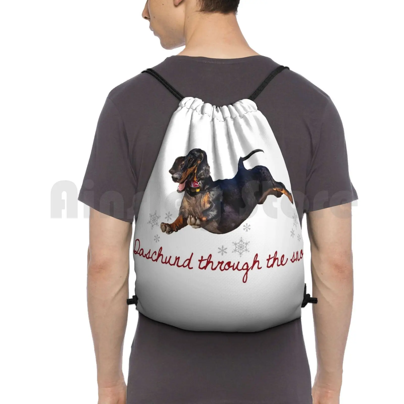 

Daschund Through The Snow Backpack Drawstring Bags Gym Bag Waterproof Christmas Dashing Through The Snow Jingle Bells
