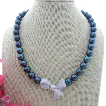 

S101808 19" 10-11mm Black Round Pearl Necklace CZ Pendant