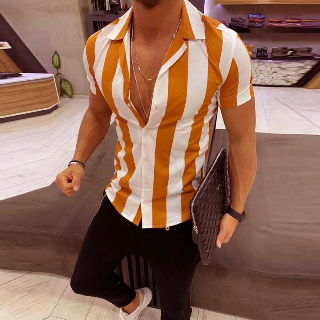 Camisas ajustadas de manga corta a rayas de verano para hombre, Camisetas básicas, blusas informales con estampado de colores, blusas de talla grande para hombre