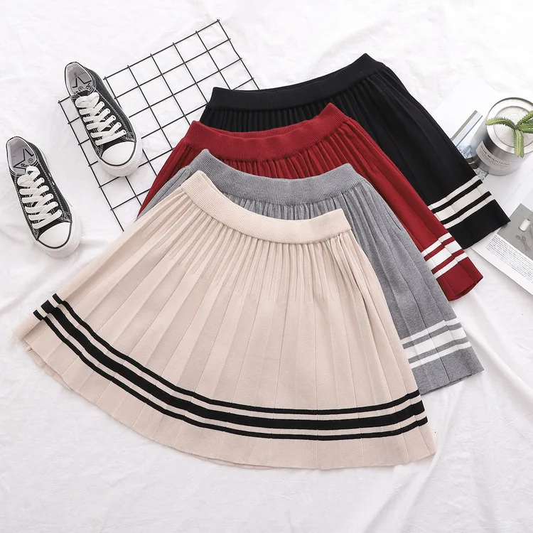 KYQIAO faldas mujer moda японская школьная форма mori для девочек зимняя эластичная резинка на талии в полоску трикотажная трапециевидная юбка