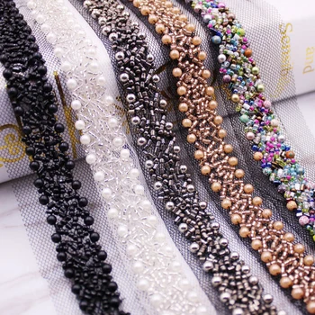 

10yard Handmade White Black Grey Beads Lace Trim Ribbon Mesh Fabric Applique Sewing Accessories Crafts For Clothes Wedding Dress