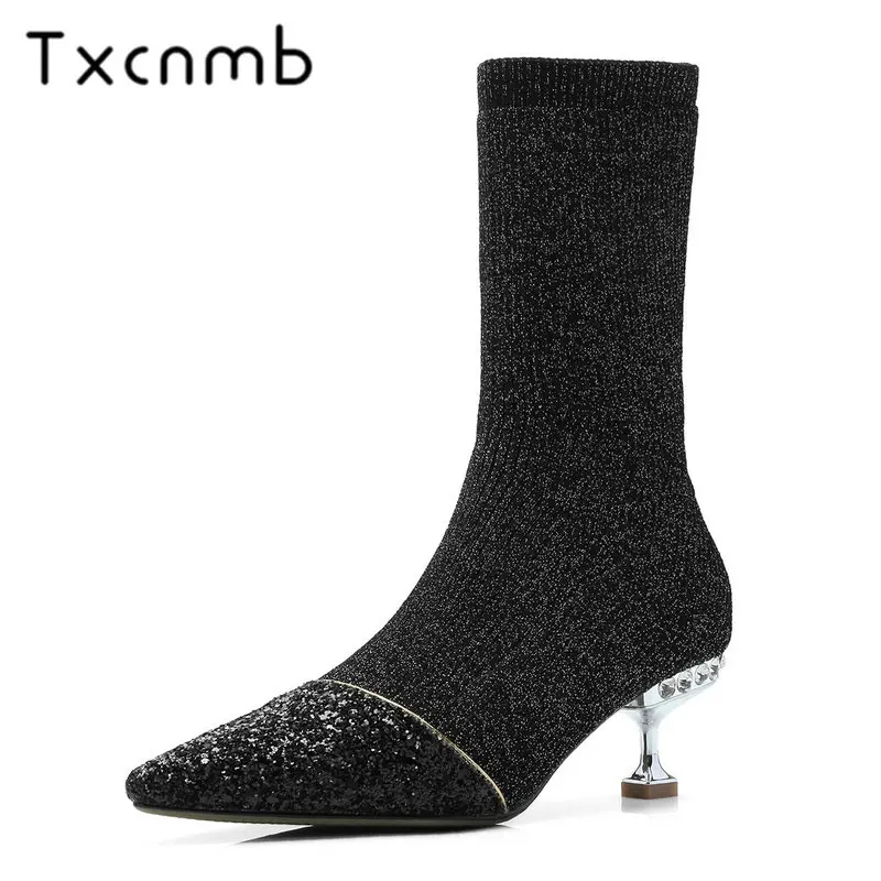 

TXCNMB Mid-calf Boots for Women High Heels Pointed Toe BlingBling Dancing Party Shoes Woman High Slim Long Boots Knight Shoes