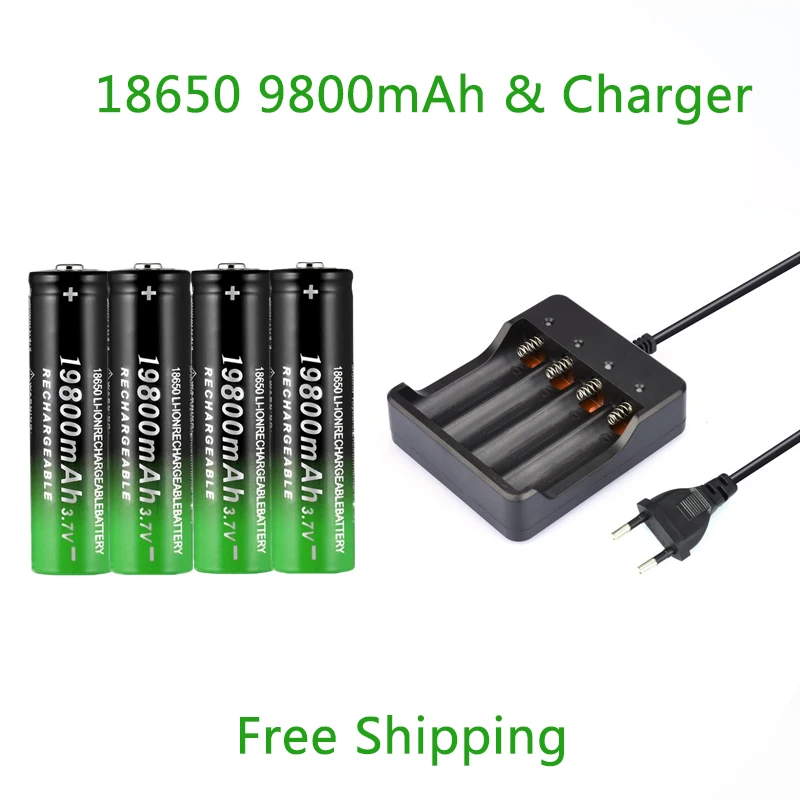 New 18650 battery 3.7V 9800mAh rechargeable lithium with charger for flashlight battery+1 Charger | Электроника