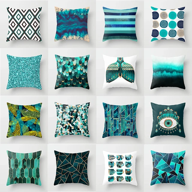 Flower Leaves Pattern Throw Pillow Case Teal Blue Cushion Covers for Home Sofa Chair Decorative Pillowcases 1