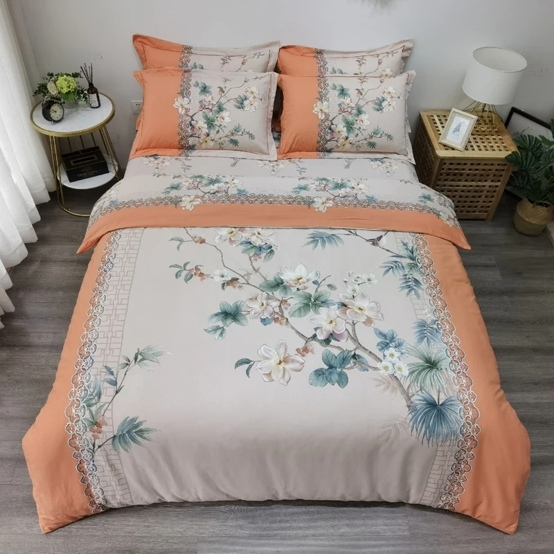 Комплект постельного белья из 100% хлопка с пододеяльником и цветами|Комплекты