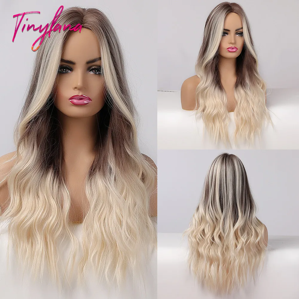 TINY LANA Long Ombre Brown Light Blonde Synthetic Wigs Middle Part Water Wave Cosplay Wig For Black Woman Heat Resistant Fibre