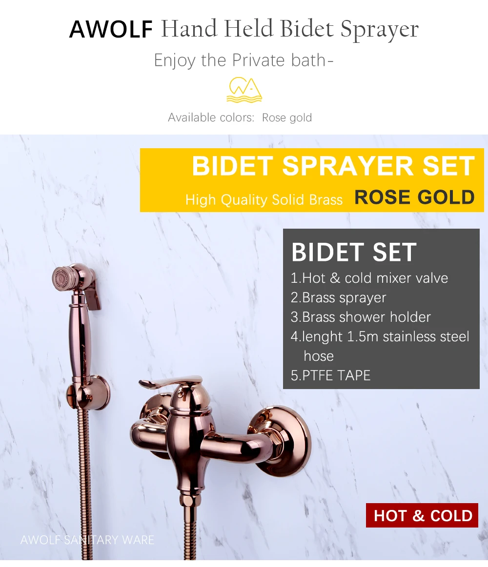 Description Picture 2 of itemHand Held Bidet Sprayer Rose Gold Solid Brass Hot And Cold Mixer Valve Faucet Douche Kit Toilet Shattaf Shower Polishing AP2192