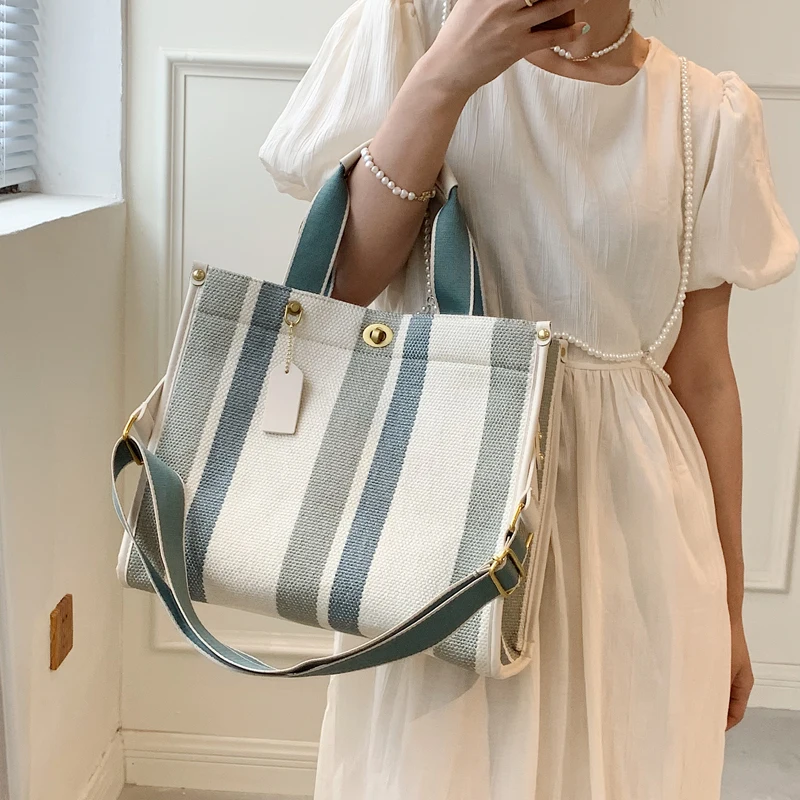 Large Tote Bag Casual Stripe Canvas Handbag For Women Wide Shoulder Strap Bag Female Trendy Texture Shoulder Commuter