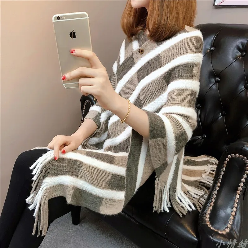 Полосатые шали с кисточками, пончо, накидки, вязанная хлопковая шаль, пуловер, свитер, пальто, черный, красный, новое женское весеннее зимнее теплое пальто