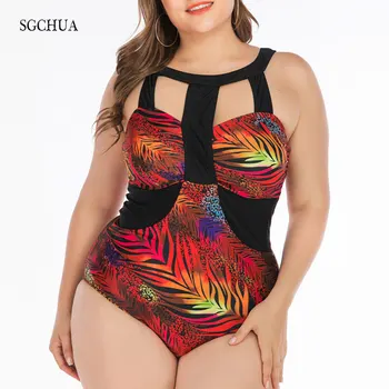 

SGCHUA 2020 New Sexy Big Size 4XL High Neck One Piece Swimsuit Women Print Red Leaves Push Up Large Swimwear Beach Bathing Suit