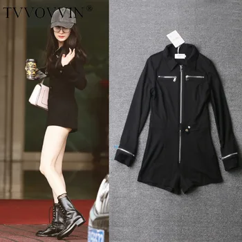 

TVVOVVIN 2020 Summer New Girl Female Casual Loose Solid One-piece Pants Button Streetwear Long-sleeve Fashion shorts A055